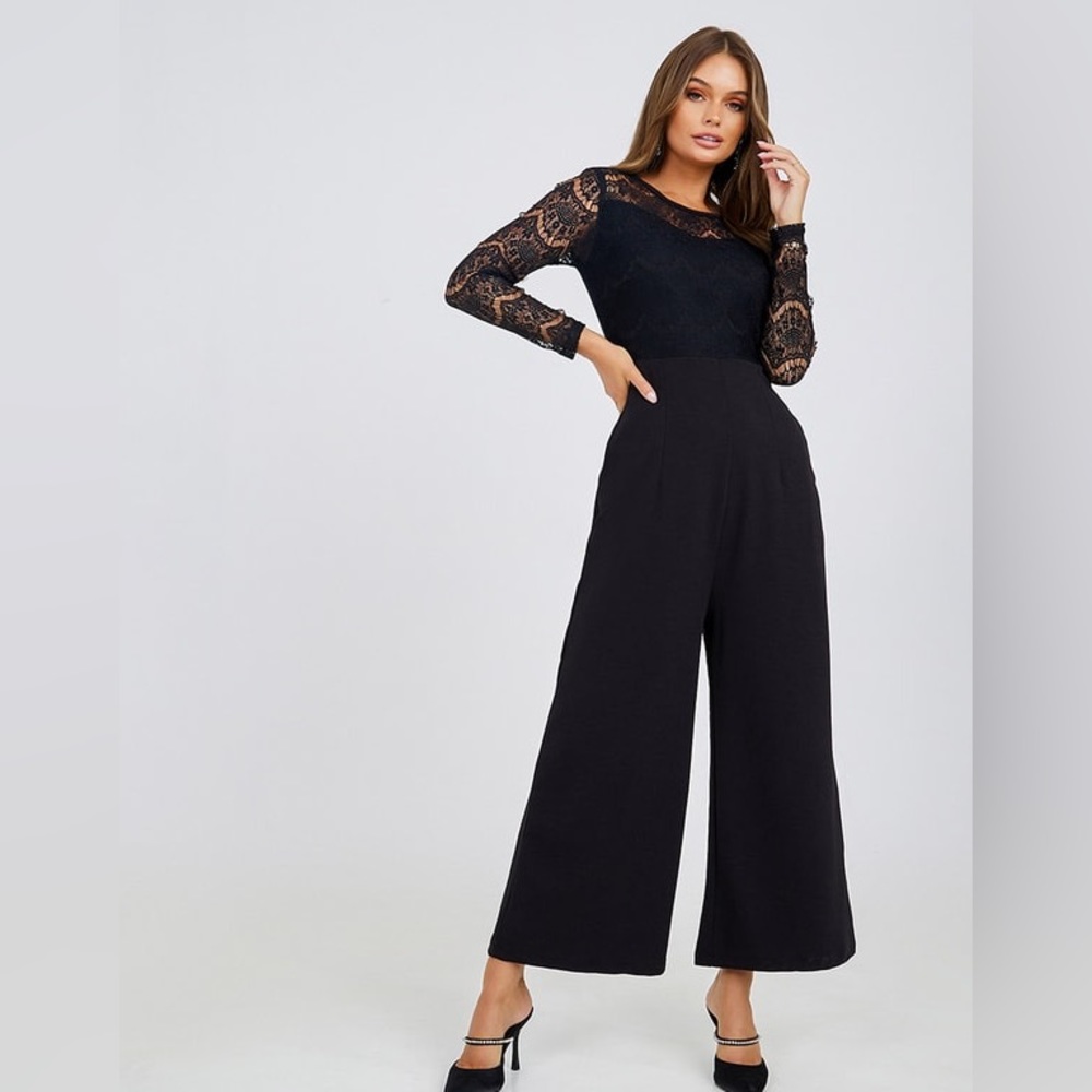 Suzy Shier Black Lace Long Sleeve Wide Leg Jumpsuit